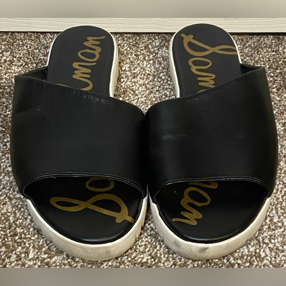 Sam Edelman Leia Women’s Black Leather Open Toe Slide Sandals 8M EUC